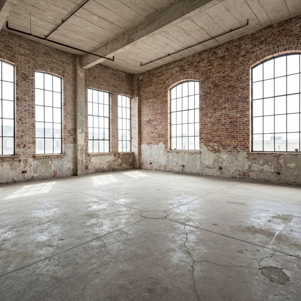 Empty space before renovation showing raw brick walls and concrete floors