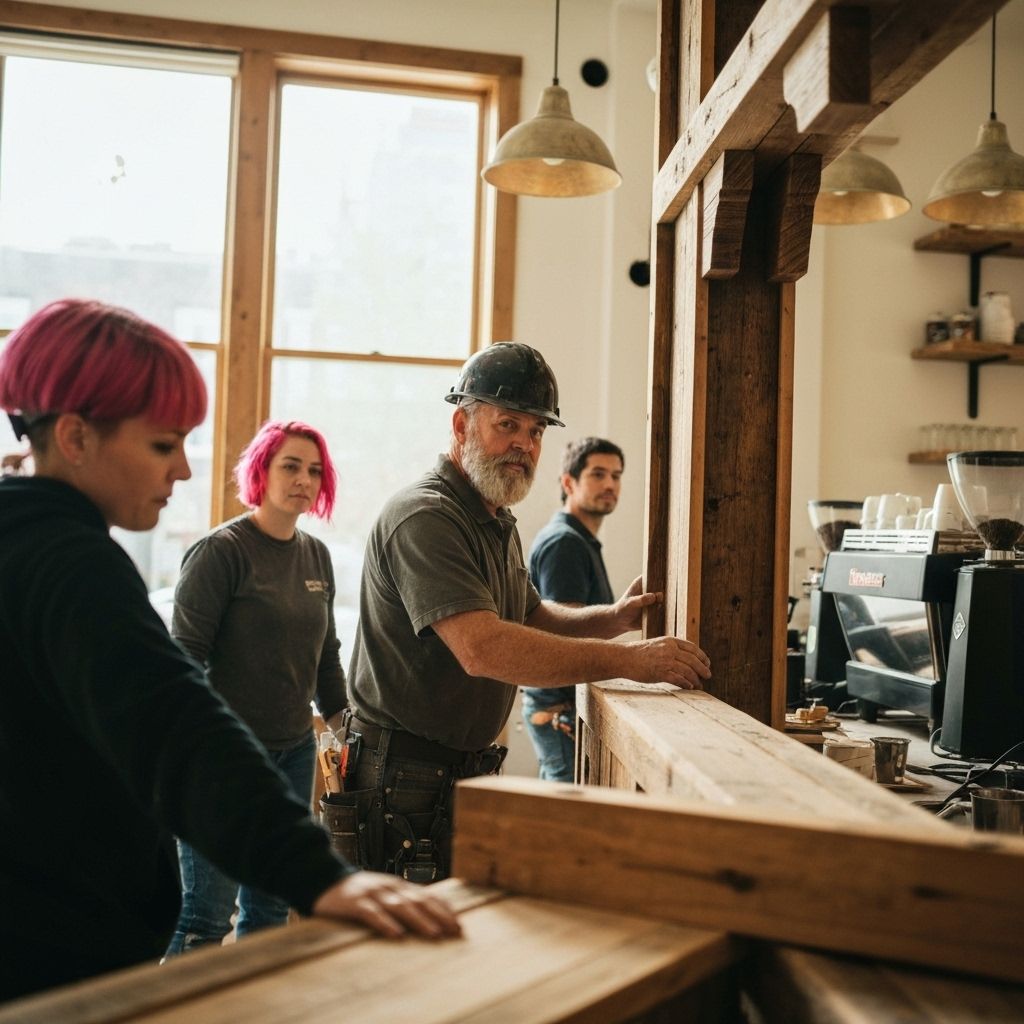 Construction in progress with workers installing reclaimed wood fixtures