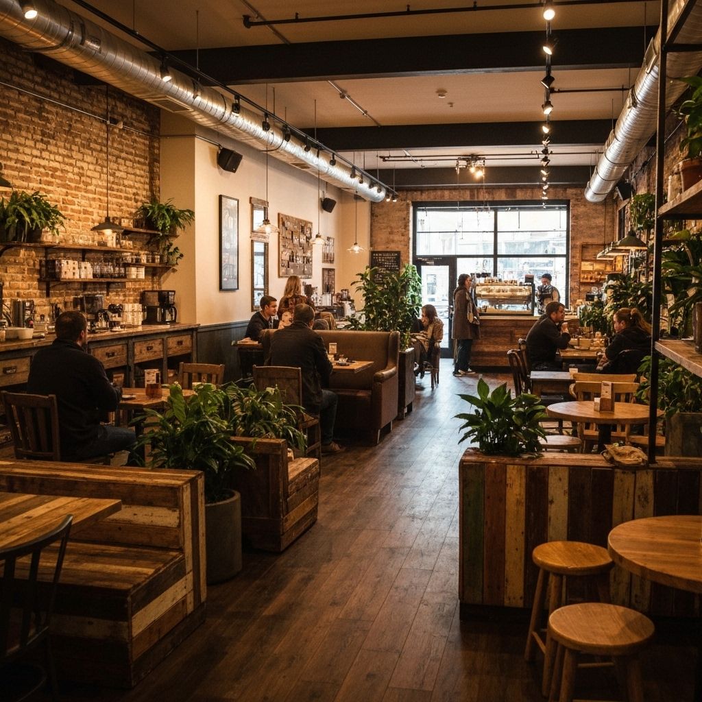 Completed café interior with warm lighting, plants, and customers enjoying coffee