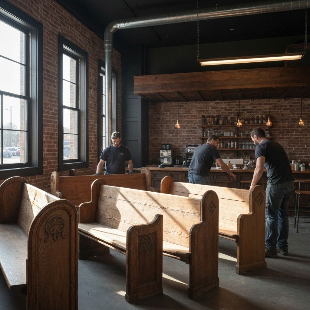 Workers carefully positioning vintage church pews in the café space