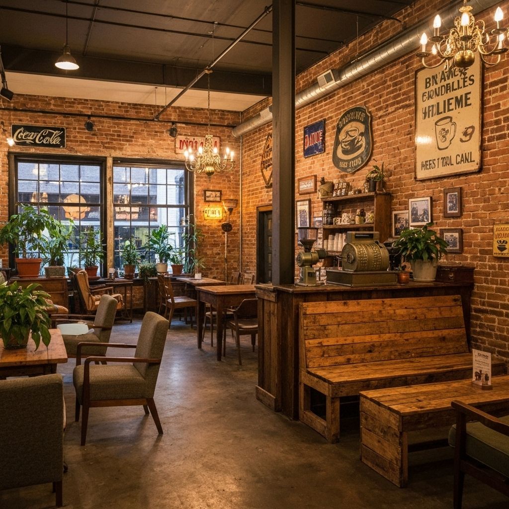 Dark Necessities café interior with exposed brick walls, reclaimed wood furniture, and warm lighting