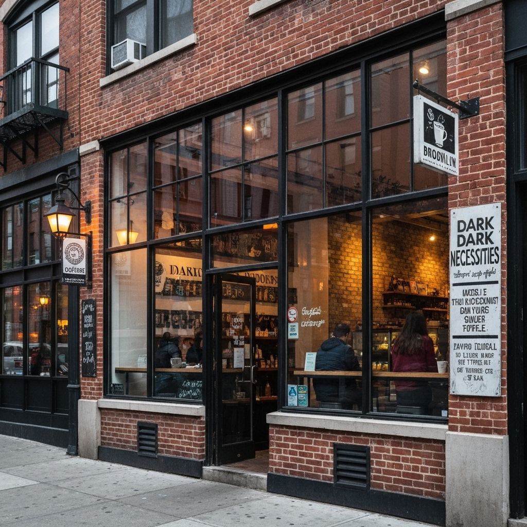 Dark Necessities storefront on Metropolitan Ave with large windows, exposed brick, and welcoming entrance